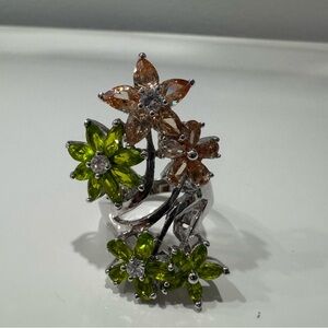 Custom Jewelry Silver Metal, Light Brown Green Crystals Ring. Size 10